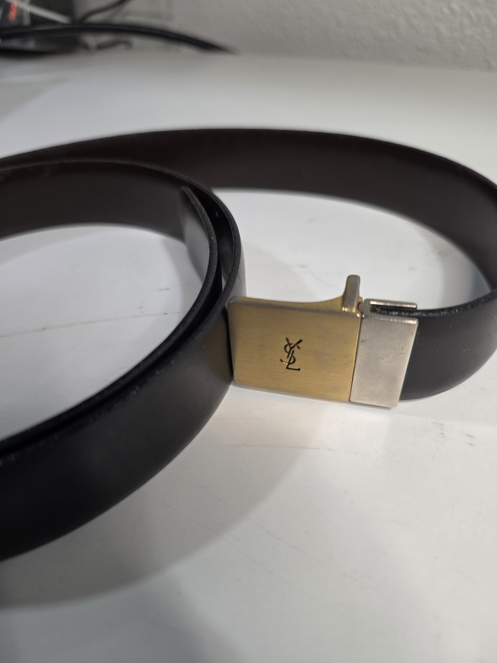 Yves Saint Laurent Black Leather Belt with Gold & Silver Logo Buckle